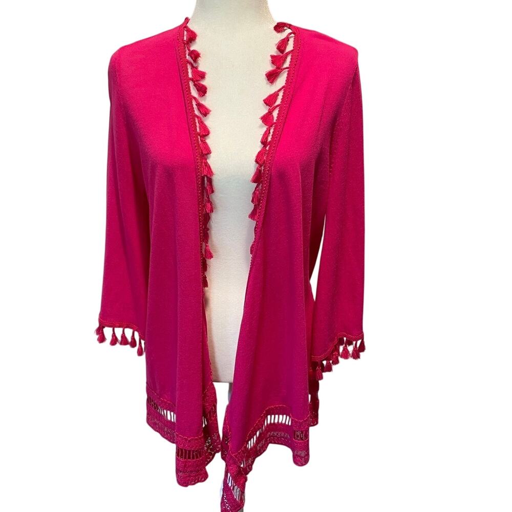 Chico’s Malibu Punch Open Front Tassel Fringe Cardigan Sz S Pink Boho Chic